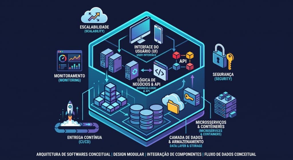 Arquitetura de software conceitual — UI, APIs, dados, segurança e microsserviços